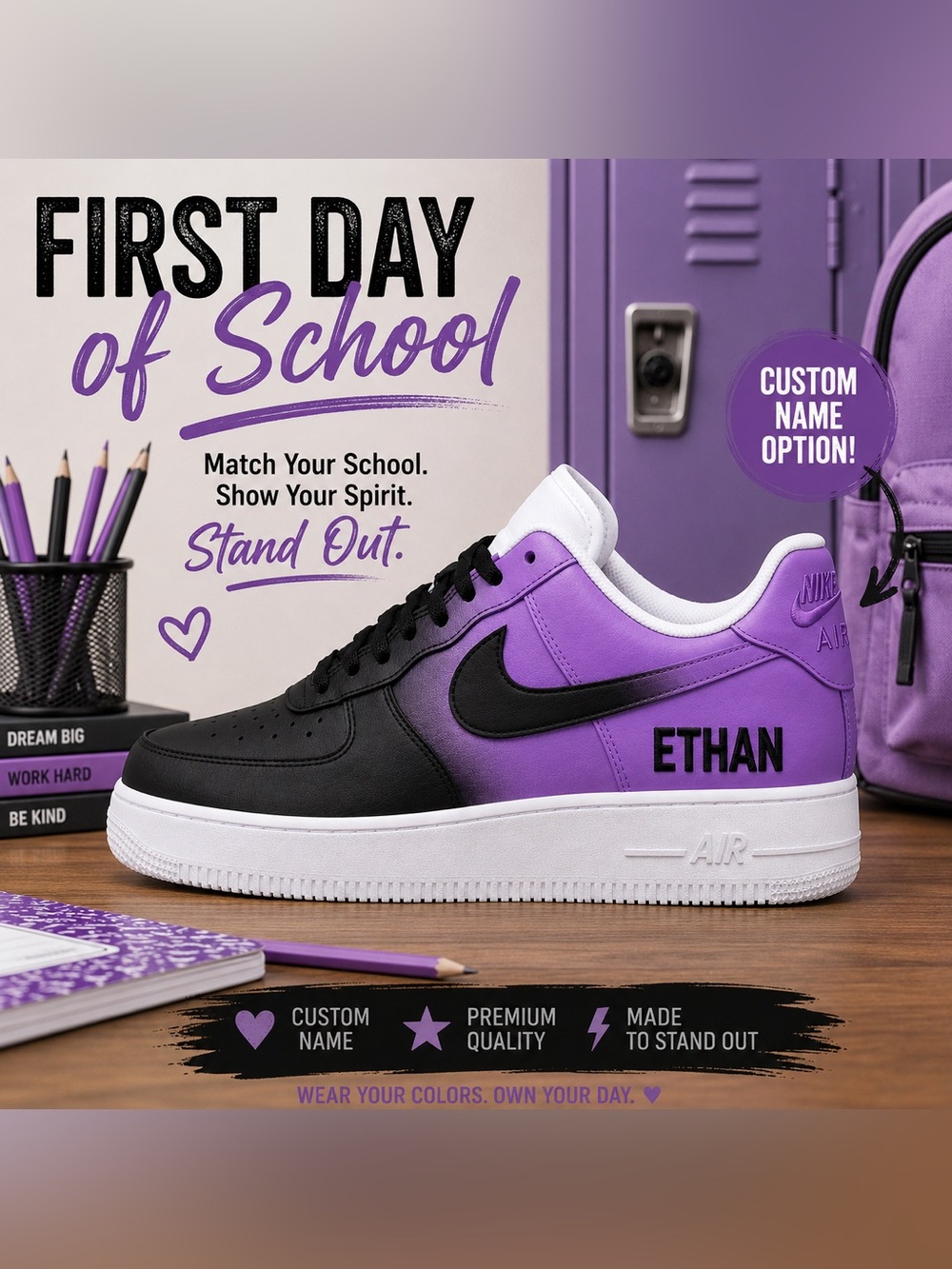 Custom School Spirit Nike Air Force 1 Shoes Personalized Back to School Sneakers